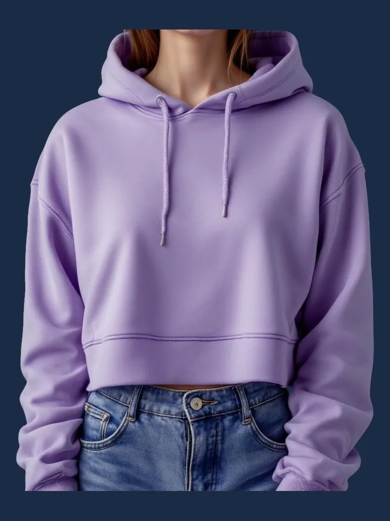 Hoodie manufacturer Karachi Pakistan showing lilac cropped pullover hoodie with drawstring hood and ribbed cuffs, women's fit, front view