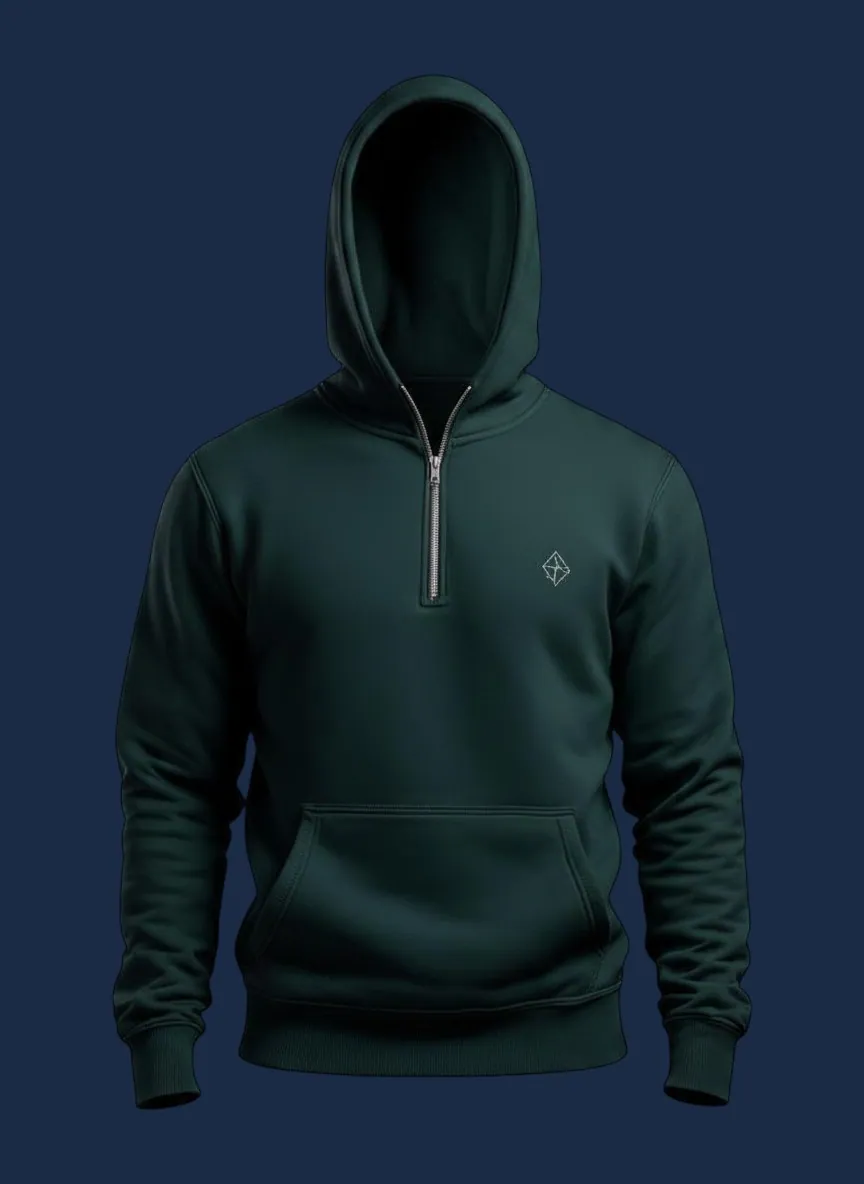 Forest green half-zip hoodie manufactured by Apex Corporation in Karachi Pakistan, modeled front view