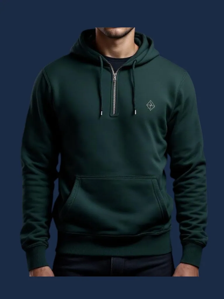 Hoodie manufacturer Karachi Pakistan showing forest green half-zip hoodie with kangaroo pocket and ribbed cuffs, front view