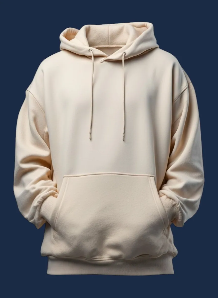 Cream oversized pullover hoodie manufactured by Apex Corporation in Karachi Pakistan, modeled front view