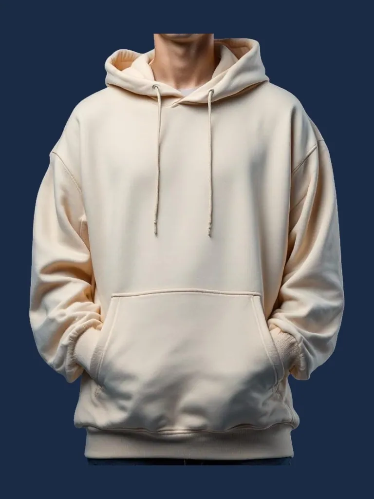 Hoodie manufacturer Karachi Pakistan showing cream oversized pullover hoodie with dropped shoulders and kangaroo pocket, front view