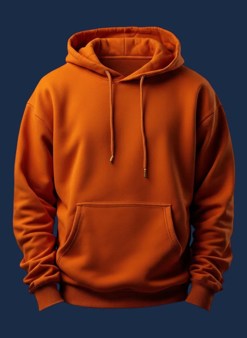Saturated orange pullover hoodie manufactured by Apex Corporation in Karachi Pakistan, modeled front view
