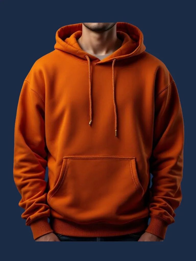 Hoodie manufacturer Karachi Pakistan showing saturated orange pullover hoodie with kangaroo pocket and ribbed cuffs, front view