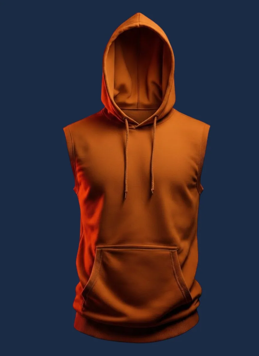 Burnt orange sleeveless hoodie manufactured by Apex Corporation in Karachi Pakistan, modeled front view