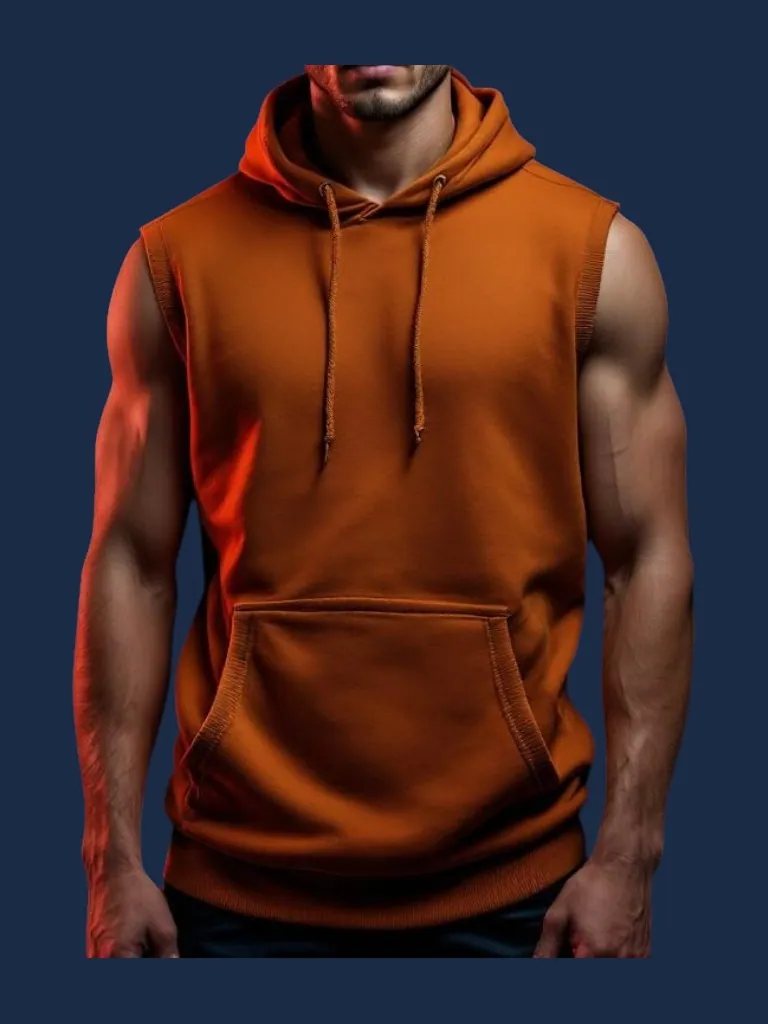 Hoodie manufacturer Karachi Pakistan showing burnt orange sleeveless hoodie with kangaroo pocket and ribbed armholes, front view