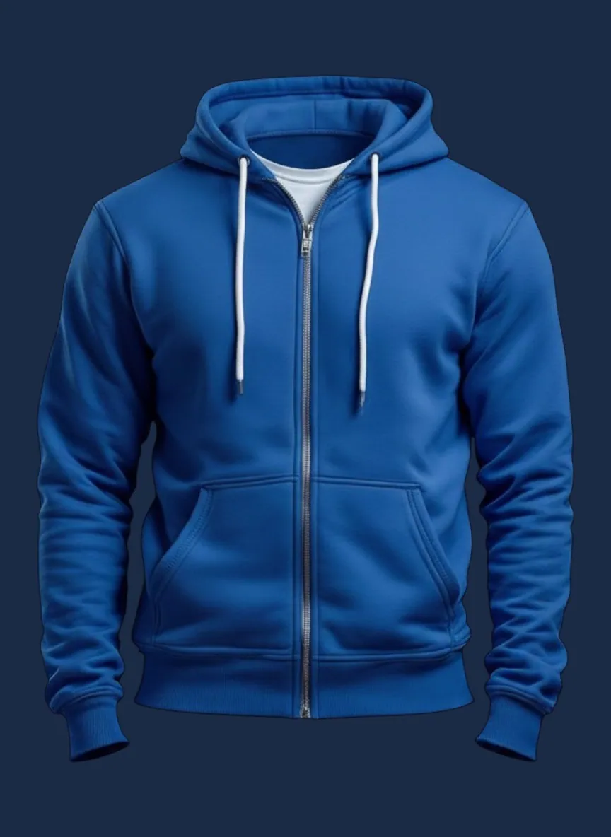 Royal blue full-zip hoodie manufactured by Apex Corporation in Karachi Pakistan, modeled front view