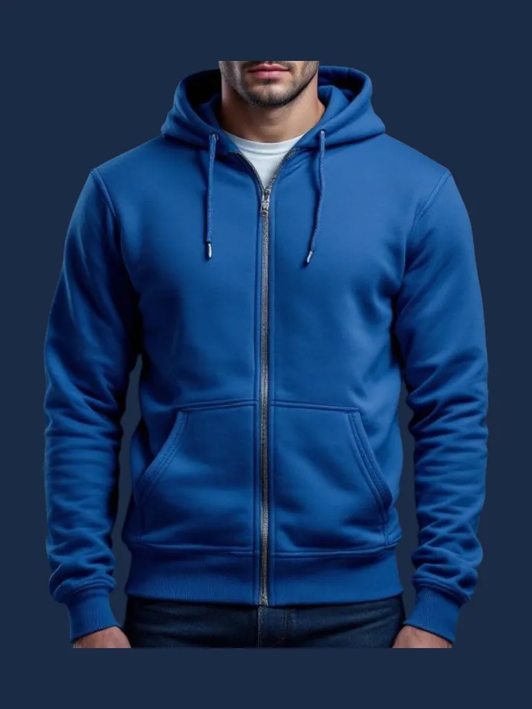 Hoodie manufacturer Karachi Pakistan showing royal blue full-zip hoodie with kangaroo pocket and contrast white drawcords, front view