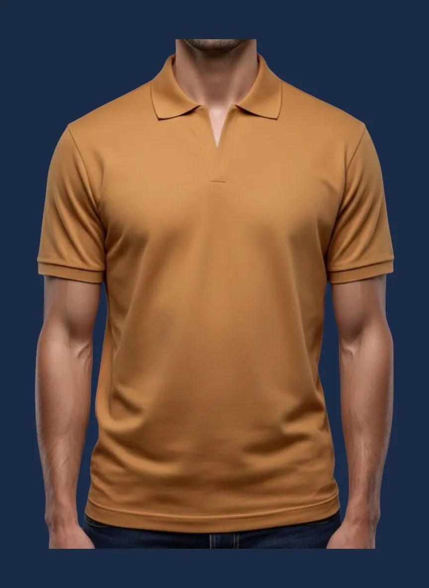Johnny collar polo shirt manufacturer Karachi Pakistan showing camel buttonless V-neck polo with small ribbed collar, front view