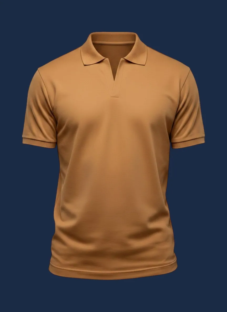 Johnny collar polo shirt manufacturer Karachi Pakistan showing camel buttonless V-neck polo with small ribbed collar, front view