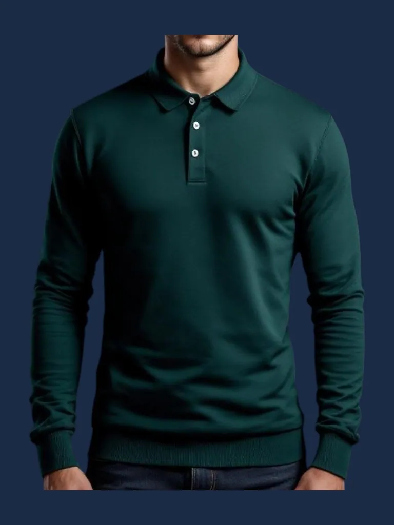 Long sleeve polo shirt manufacturer Karachi Pakistan showing forest green long-sleeve polo with ribbed collar and ribbed cuffs, front view