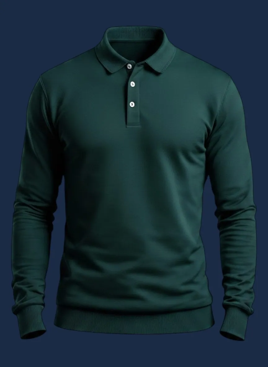 Long sleeve polo shirt manufacturer Karachi Pakistan showing forest green long-sleeve polo with ribbed collar and ribbed cuffs, front view