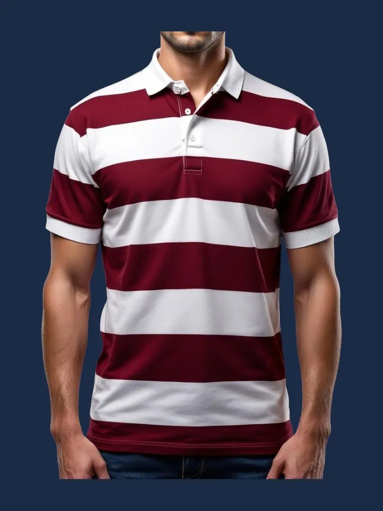 Rugby polo shirt manufacturer Karachi Pakistan showing maroon and white horizontal stripe rugby polo with white contrast collar and placket, front view