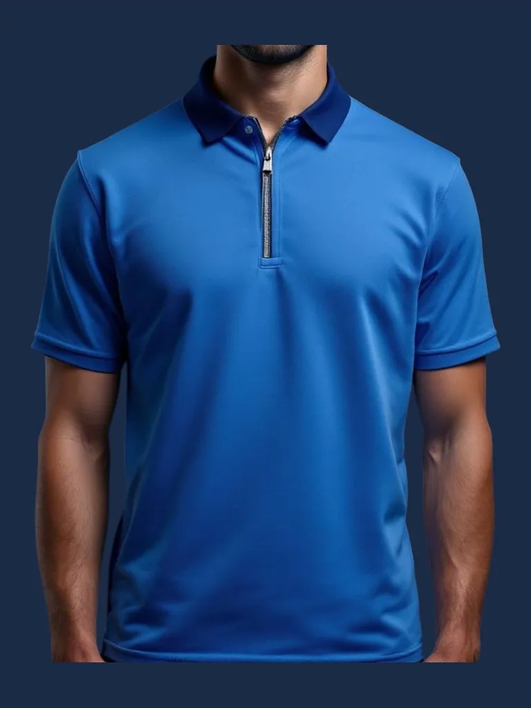 Quarter-zip polo shirt manufacturer Karachi Pakistan showing sky blue polo with navy stand collar and metal zipper placket, front view