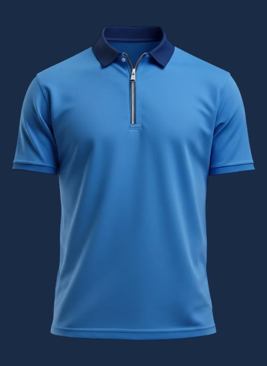 Quarter-zip polo shirt manufacturer Karachi Pakistan showing sky blue polo with navy stand collar and metal zipper placket, front view