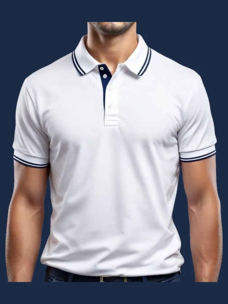 Tipped polo shirt manufacturer Karachi Pakistan showing white polo with navy contrast tipping on collar and cuff edges, front view
