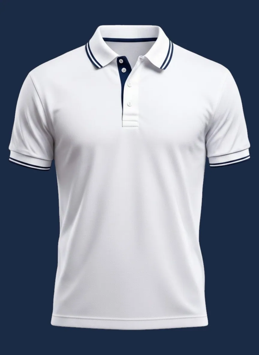 Tipped polo shirt manufacturer Karachi Pakistan showing white polo with navy contrast tipping on collar and cuff edges, front view