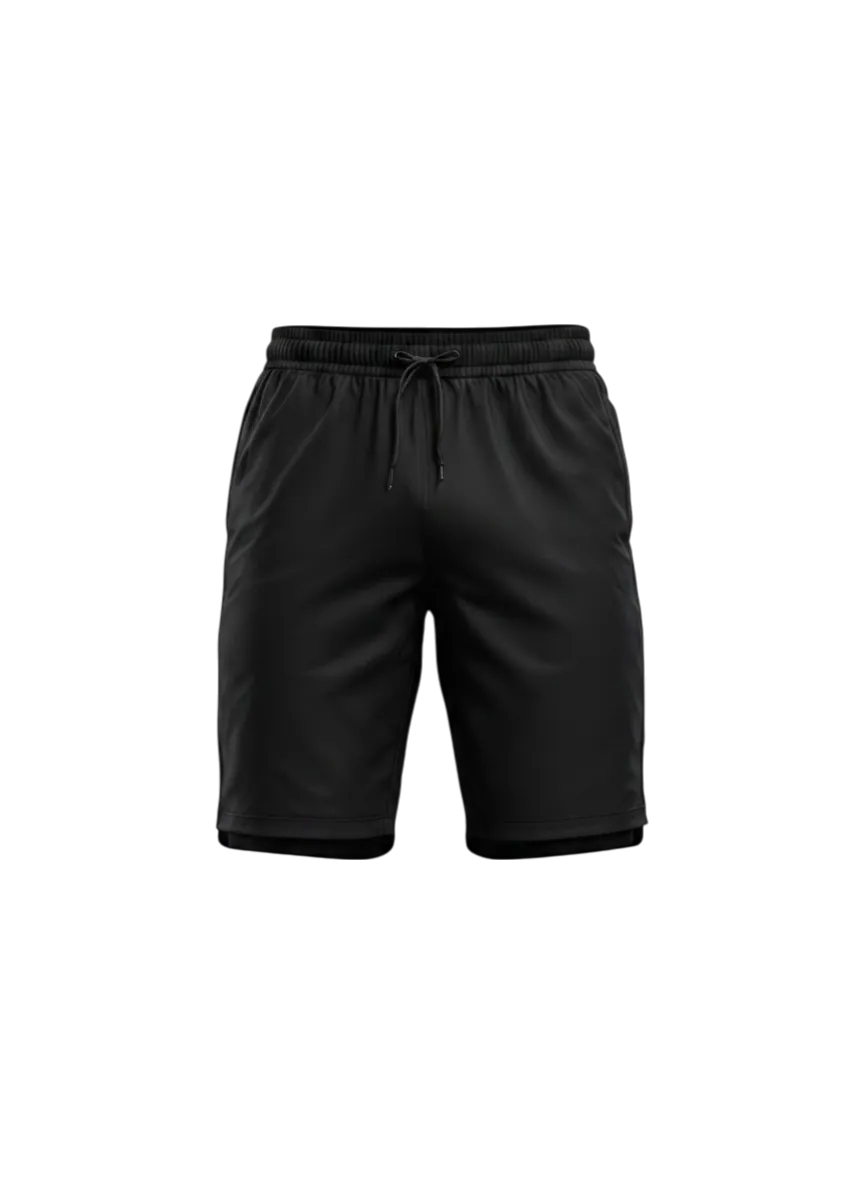 Athletic short manufacturer Karachi Pakistan showing black slim performance short with mesh boxer brief liner visible at hem, deep side vents, and elastic drawcord waistband, performance polyester knit, front view