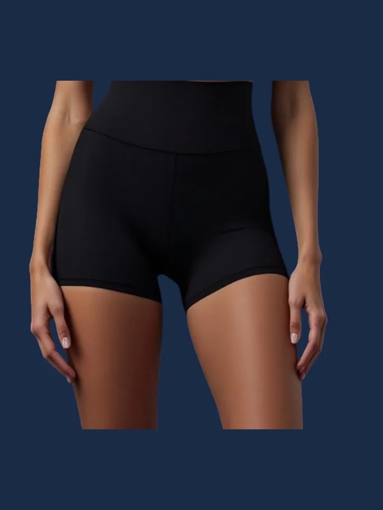 Booty short manufacturer Karachi Pakistan showing black women's fashion short with crossover waistband and flatlock-seamed slim silhouette, cotton-spandex knit, front view