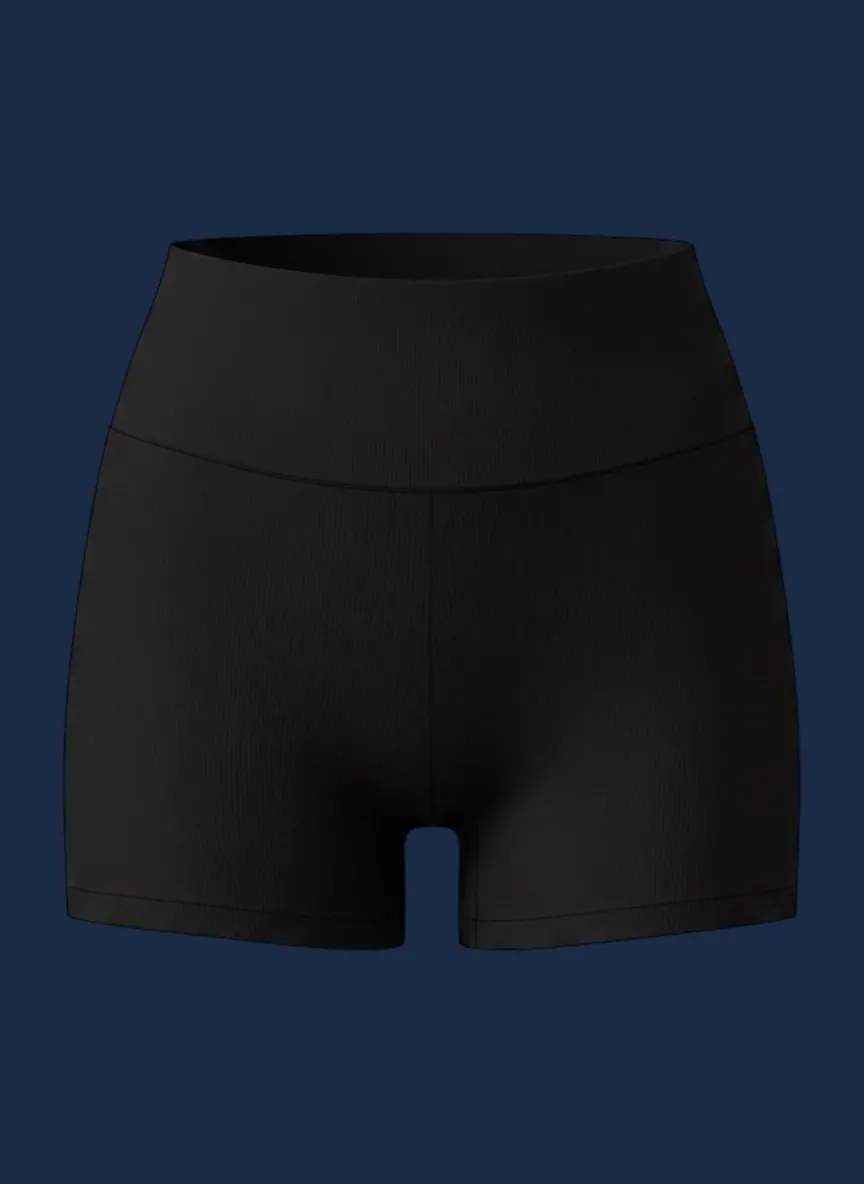 Booty short manufacturer Karachi Pakistan showing black women's fashion short with crossover waistband and flatlock-seamed slim silhouette, cotton-spandex knit, front view