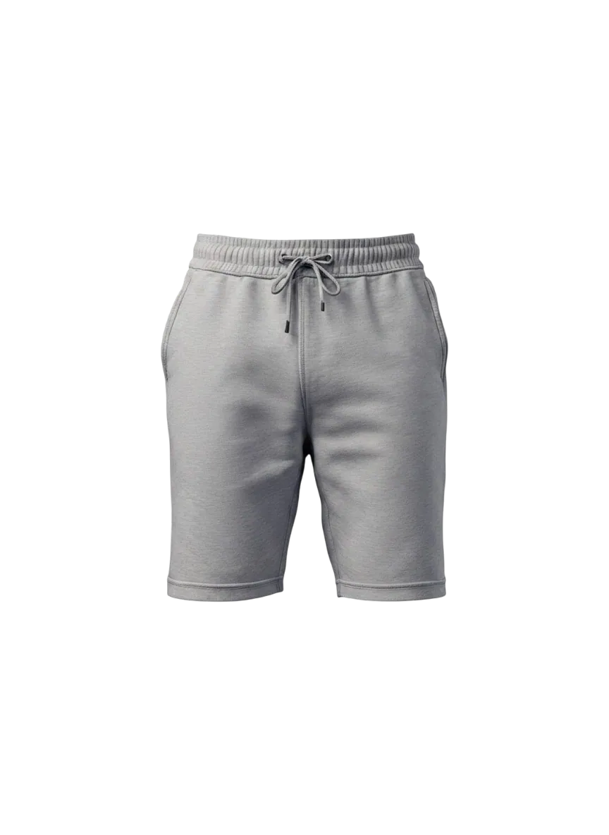 Sweat short manufacturer Karachi Pakistan showing heather grey relaxed straight-leg short with encased elastic waistband, flat drawcord, and side pockets, midweight French terry, front view