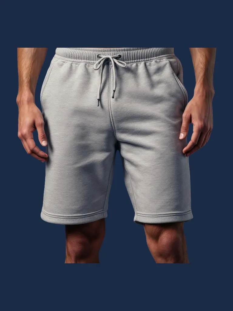 Sweat short manufacturer Karachi Pakistan showing heather grey relaxed straight-leg sweat short with encased elastic waistband, flat drawcord, and deep side pockets, midweight French terry, front view