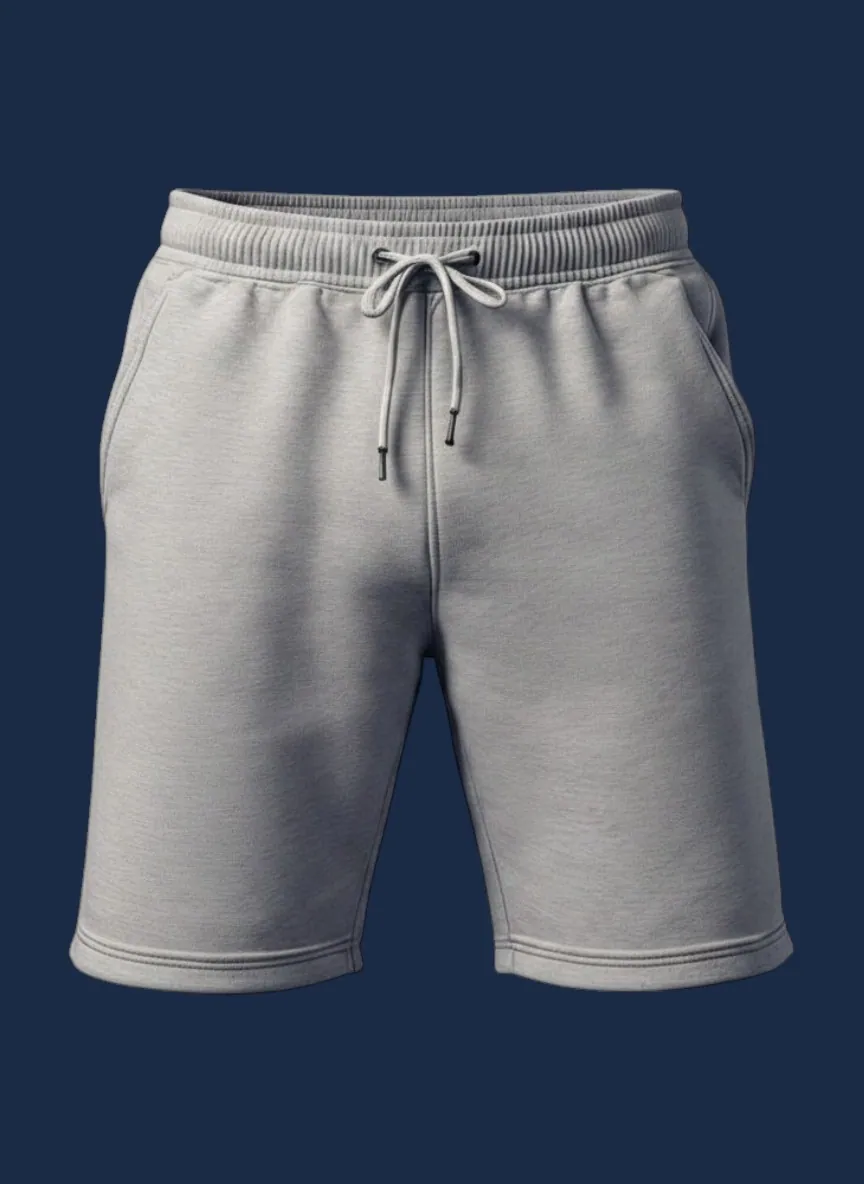 Sweat short manufacturer Karachi Pakistan showing heather grey relaxed straight-leg sweat short with encased elastic waistband, flat drawcord, and deep side pockets, midweight French terry, front view
