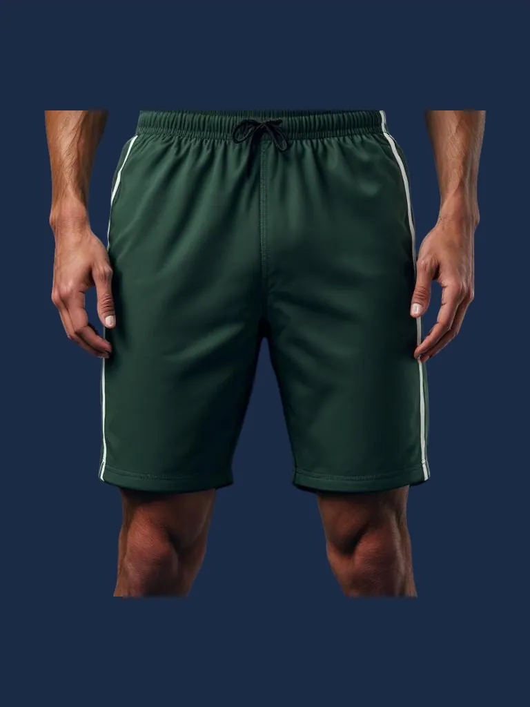 Athletic short manufacturer Karachi Pakistan showing navy slim performance short with mesh boxer brief liner, drop-in side pockets, internal phone pocket, and deep side vents at hem, performance polyester knit, front view