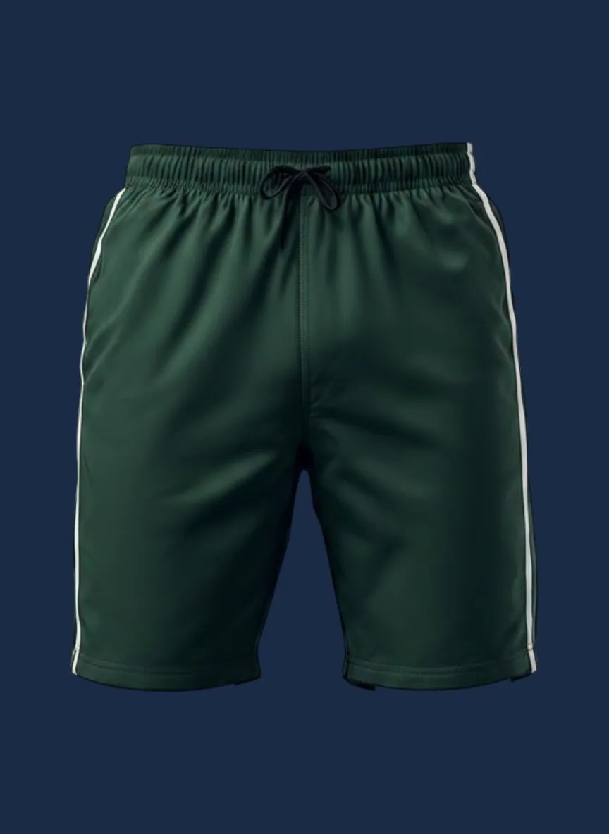 Athletic short manufacturer Karachi Pakistan showing navy slim performance short with mesh boxer brief liner, drop-in side pockets, internal phone pocket, and deep side vents at hem, performance polyester knit, front view