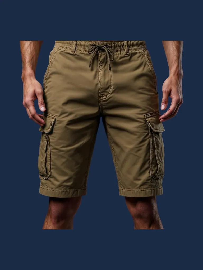 Cargo short manufacturer Karachi Pakistan showing olive wide-leg cargo short with side cargo pockets, button-flap closures, drawcord elastic waistband, and bartack-reinforced stress points, heavy French terry, front view