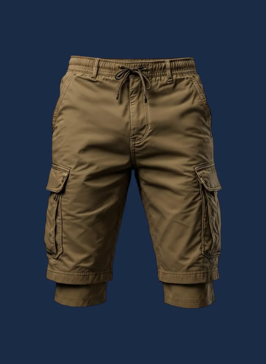 Cargo short manufacturer Karachi Pakistan showing olive wide-leg cargo short with side cargo pockets, button-flap closures, drawcord elastic waistband, and bartack-reinforced stress points, heavy French terry, front view
