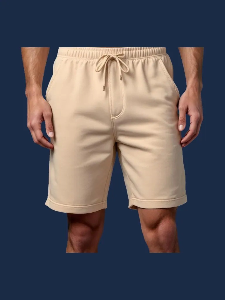 Lounge short manufacturer Karachi Pakistan showing sand women's relaxed lounge short with ribbed comfort waistband, internal drawcord, and deep side pockets, midweight French terry, front view