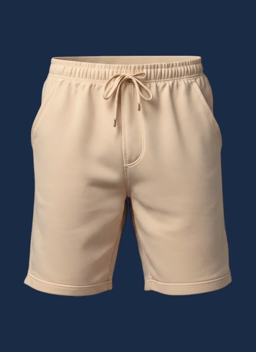 Lounge short manufacturer Karachi Pakistan showing sand women's relaxed lounge short with ribbed comfort waistband, internal drawcord, and deep side pockets, midweight French terry, front view