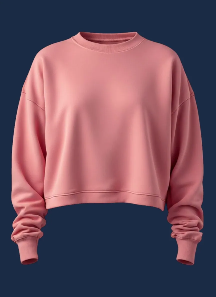 Rose pink cropped sweatshirt manufactured by Apex Corporation in Karachi Pakistan, modeled front view