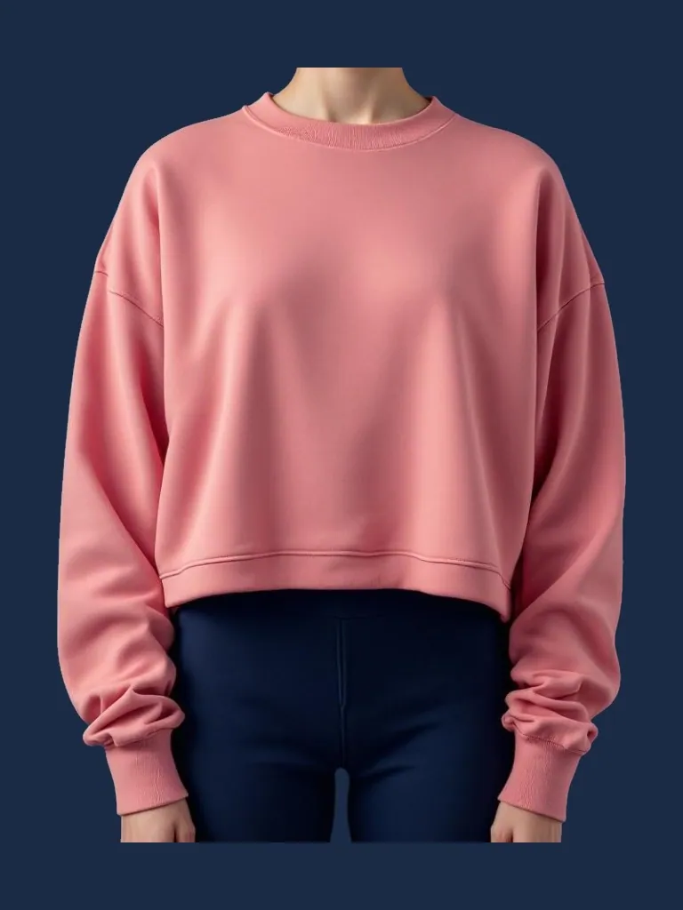 Sweatshirt manufacturer Karachi Pakistan showing rose pink cropped sweatshirt with ribbed neckline and ribbed cuffs, women's fit, front view