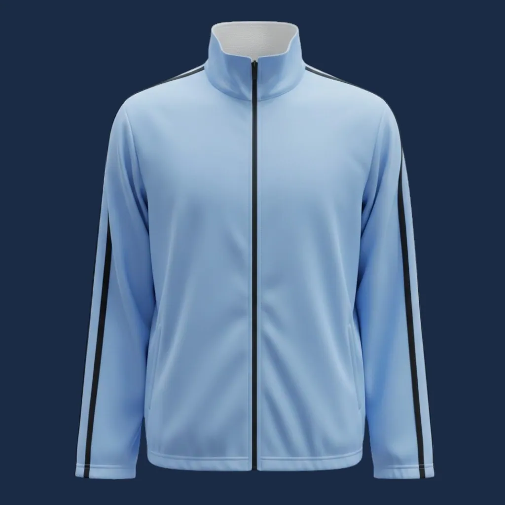 Full-zip sweatshirt with stand collar manufactured by Apex Corporation in Karachi Pakistan, modeled front view