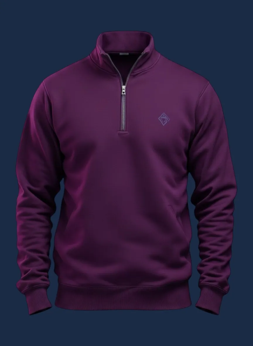 Berry purple half-zip sweatshirt manufactured by Apex Corporation in Karachi Pakistan, modeled front view