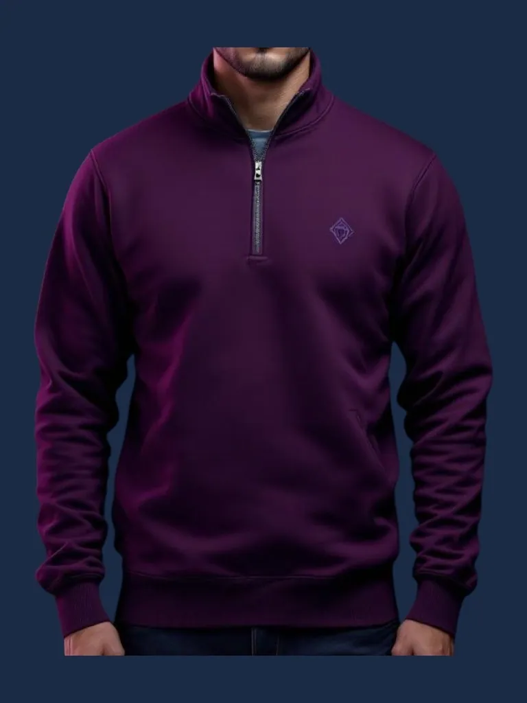 Sweatshirt manufacturer Karachi Pakistan showing berry purple half-zip sweatshirt with stand collar and metal zipper, front view