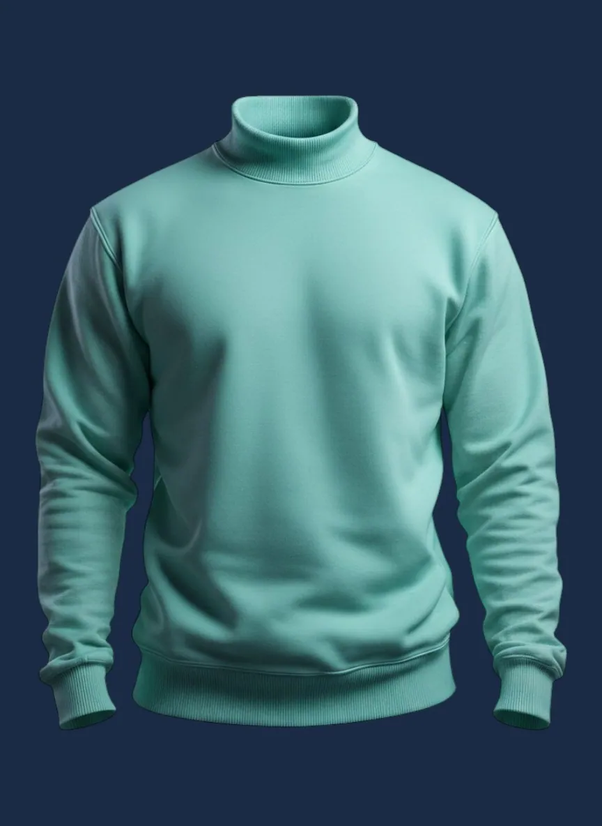 Mint green mock neck sweatshirt manufactured by Apex Corporation in Karachi Pakistan, modeled front view