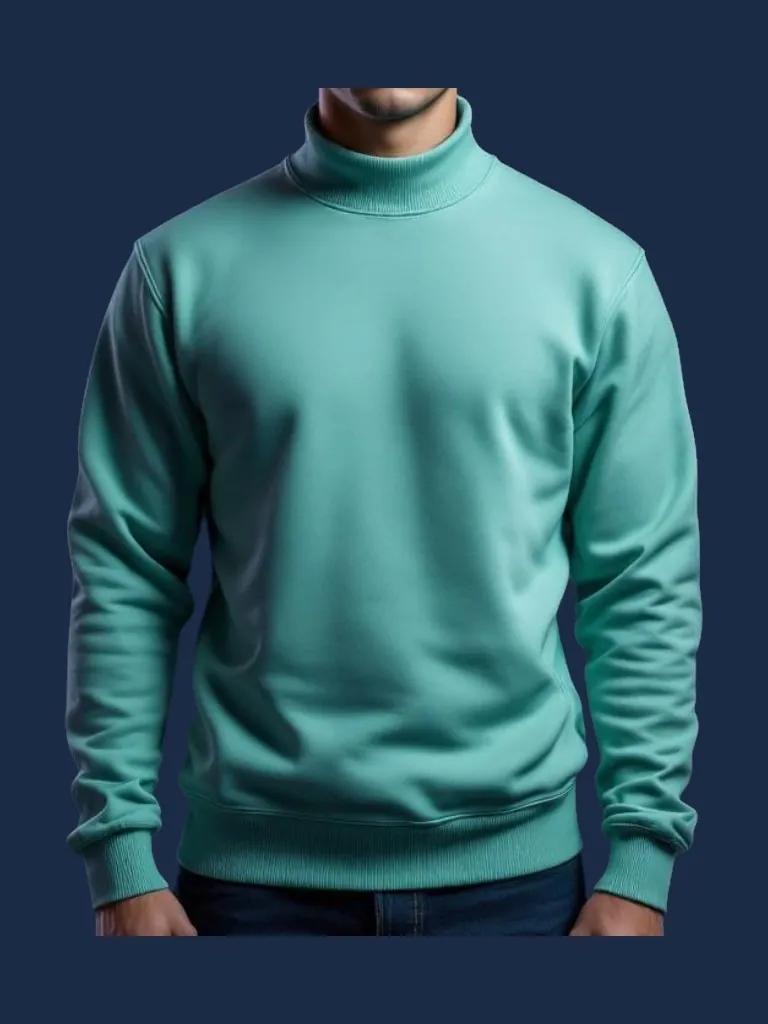 Sweatshirt manufacturer Karachi Pakistan showing mint green mock neck sweatshirt with ribbed stand collar and ribbed cuffs, front view