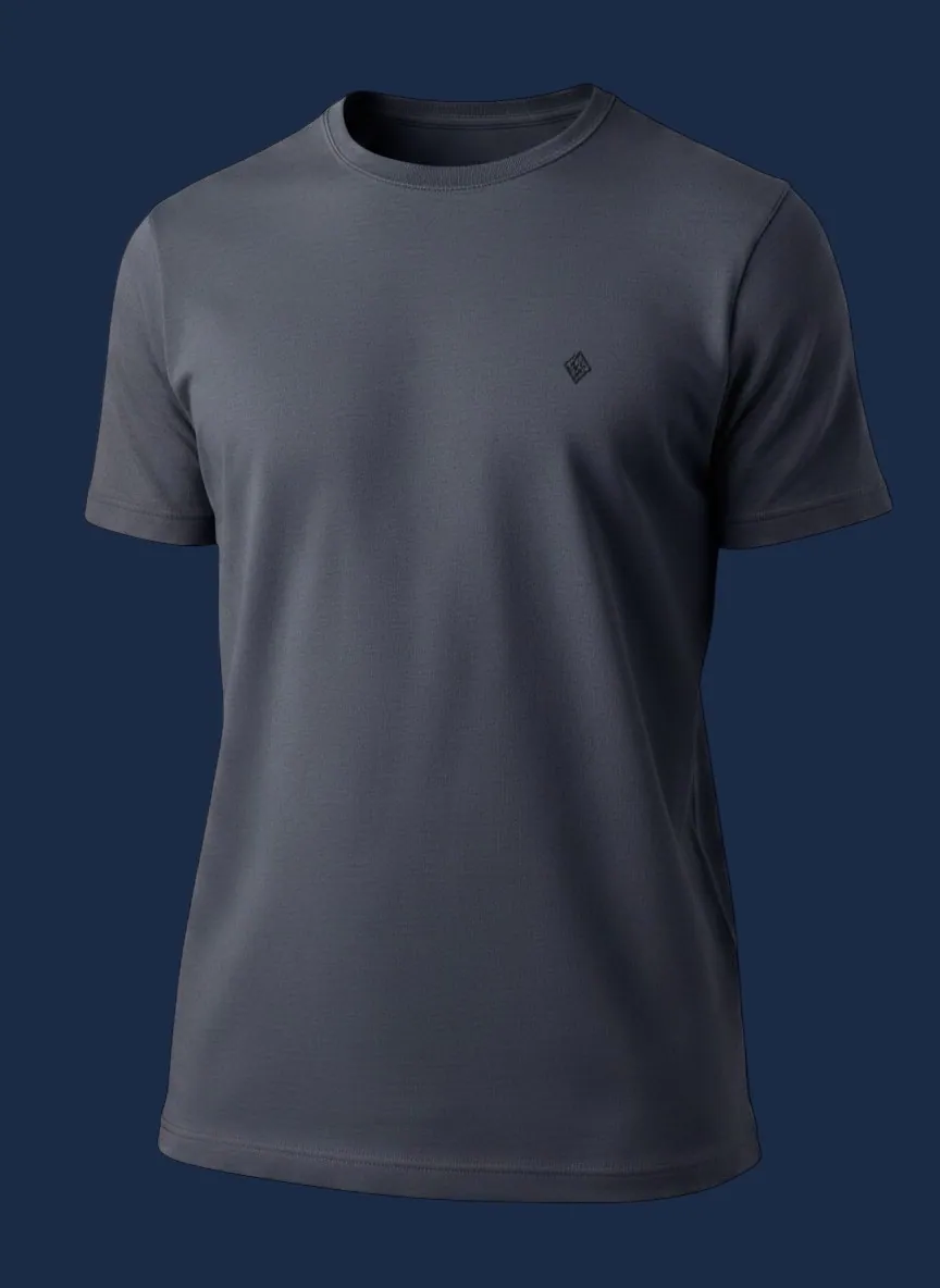 Soft charcoal grey crew neck T-shirt close-up product view, manufactured by Apex Corporation in Karachi Pakistan