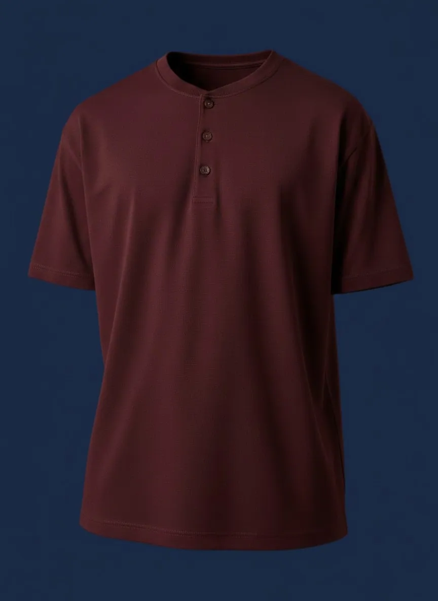 Deep oxblood three-button Henley T-shirt close-up product view, manufactured by Apex Corporation in Karachi Pakistan