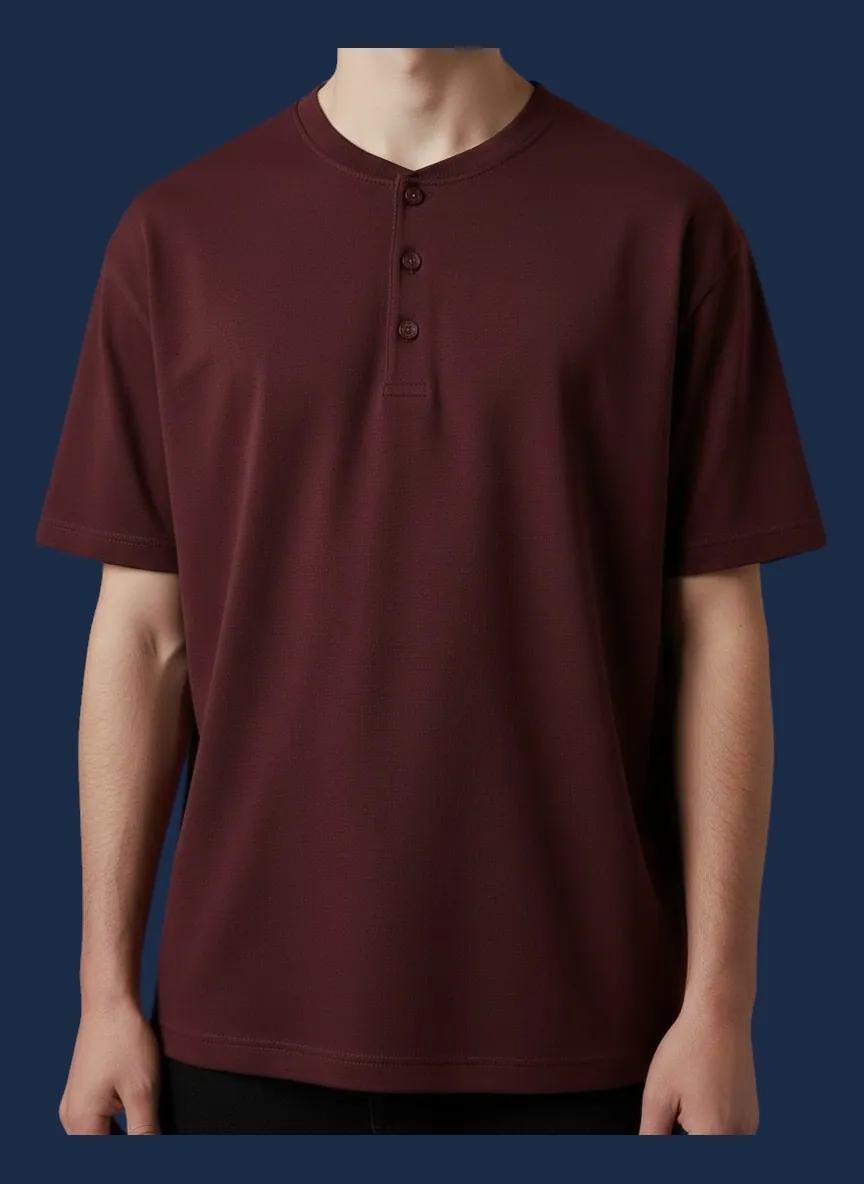Deep oxblood three-button Henley T-shirt manufactured by Apex Corporation t-shirt factory in Karachi Pakistan, regular fit