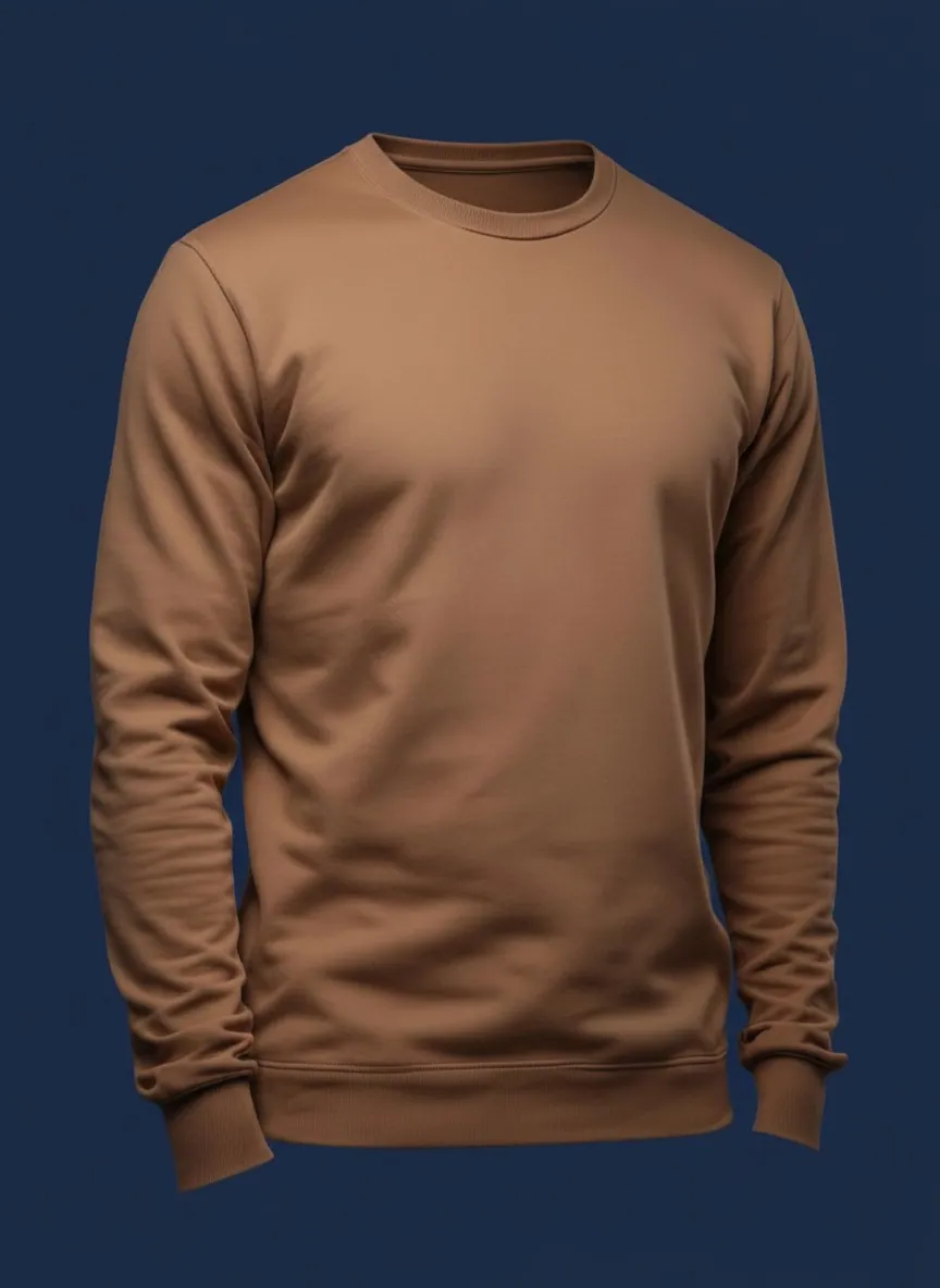 Warm camel long-sleeve T-shirt close-up product view, manufactured by Apex Corporation in Karachi Pakistan
