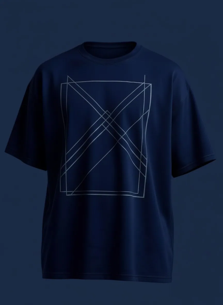 Deep navy oversized drop-shoulder T-shirt close-up product view, manufactured by Apex Corporation in Karachi Pakistan