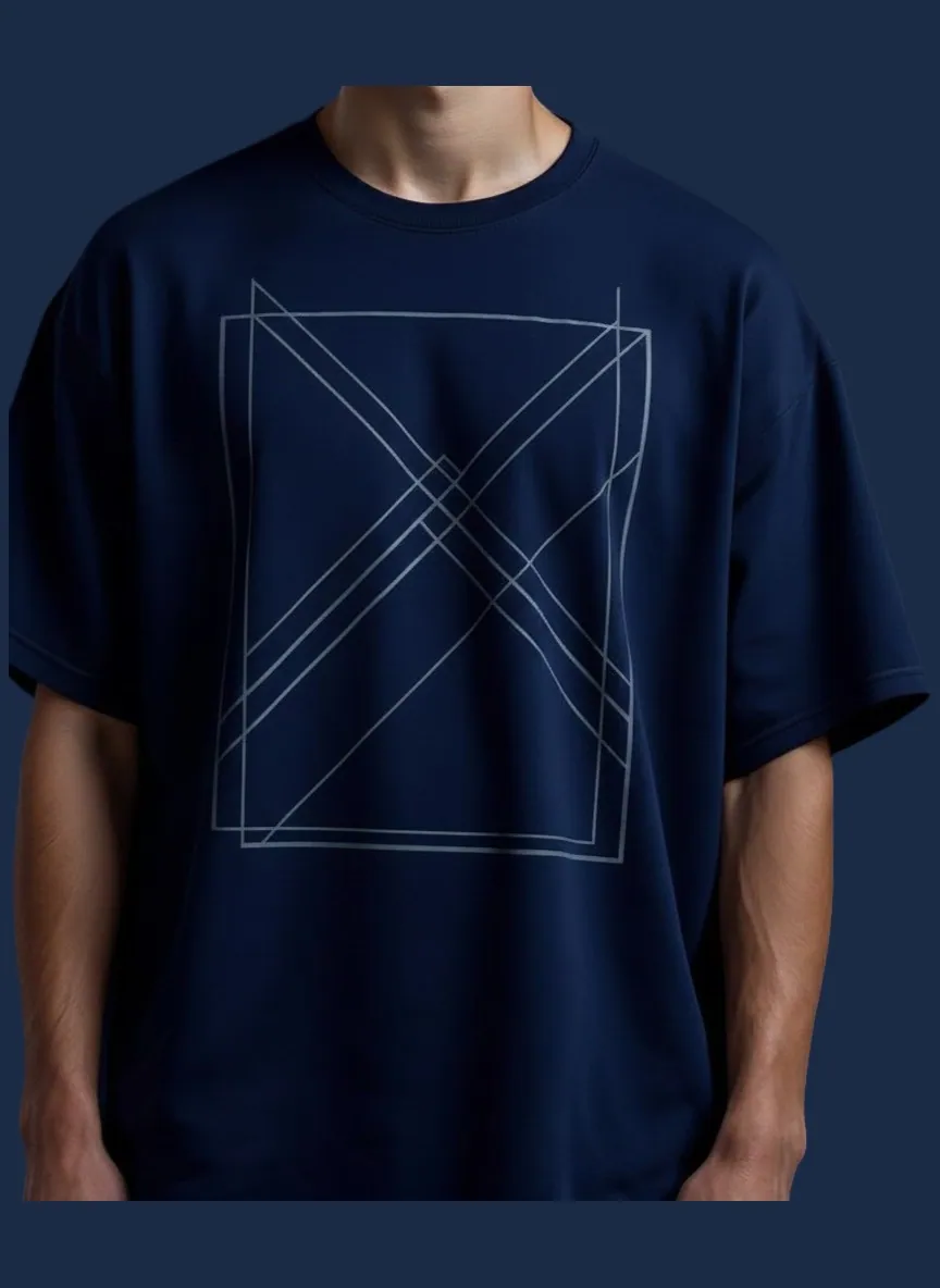Deep navy oversized drop-shoulder T-shirt manufactured by Apex Corporation t-shirt factory in Karachi Pakistan, streetwear silhouette