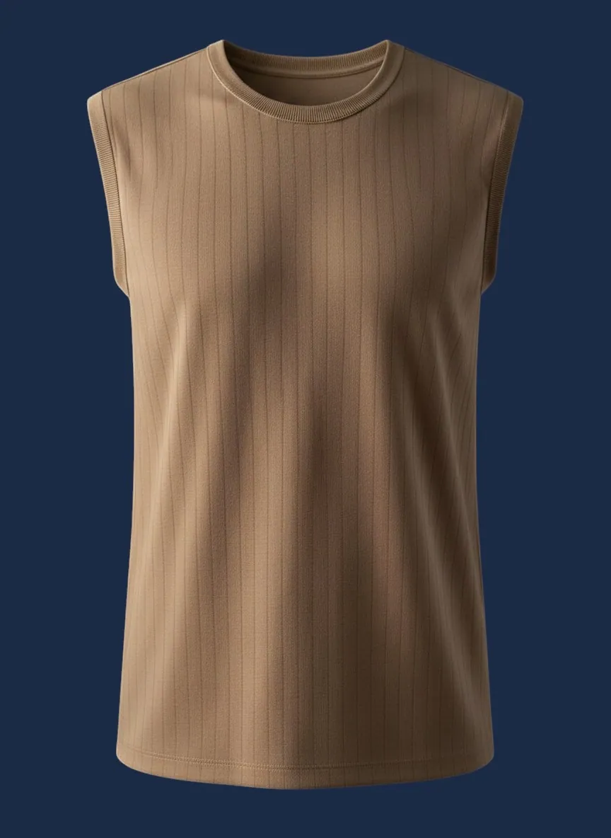 Warm camel ribbed tank top close-up product view, manufactured by Apex Corporation in Karachi Pakistan