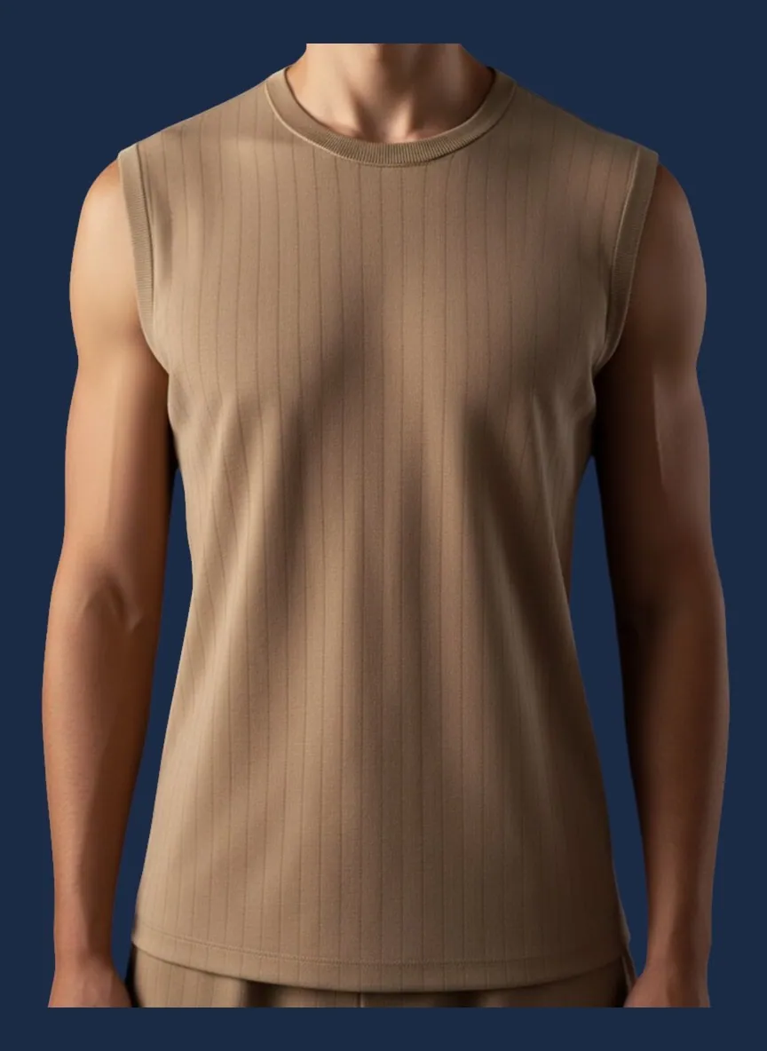 Warm camel ribbed tank top manufactured by Apex Corporation t-shirt factory in Karachi Pakistan, athletic singlet