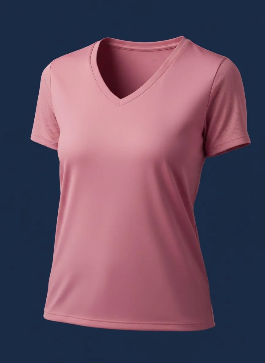 Dusty rose V-neck T-shirt close-up product view, women's cut, manufactured by Apex Corporation in Karachi Pakistan
