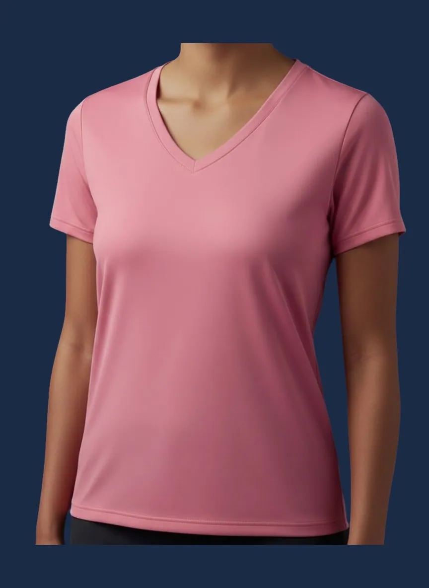Dusty rose V-neck T-shirt manufactured by Apex Corporation t-shirt factory in Karachi Pakistan, women's cut