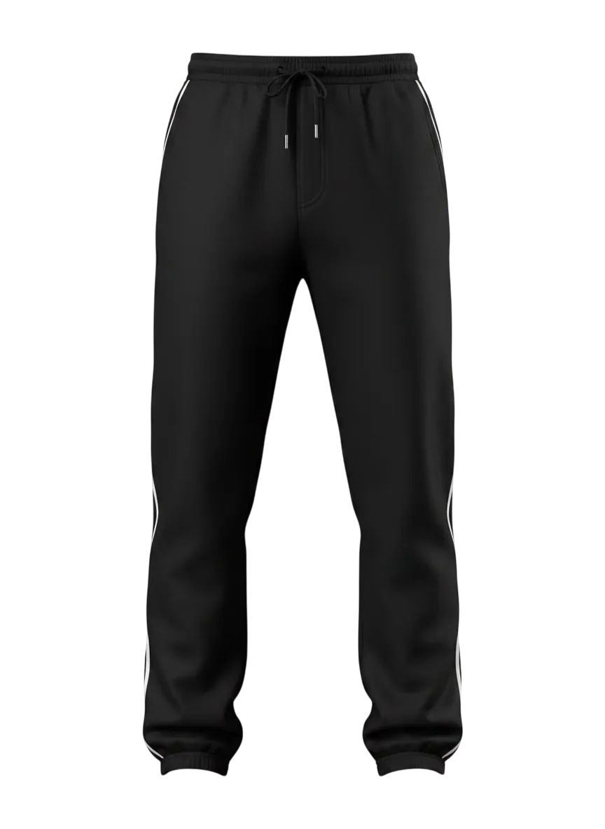 Trouser manufacturer Karachi Pakistan showing black track pant with slim straight leg and elasticated waistband, polyester spandex performance fabric, front view